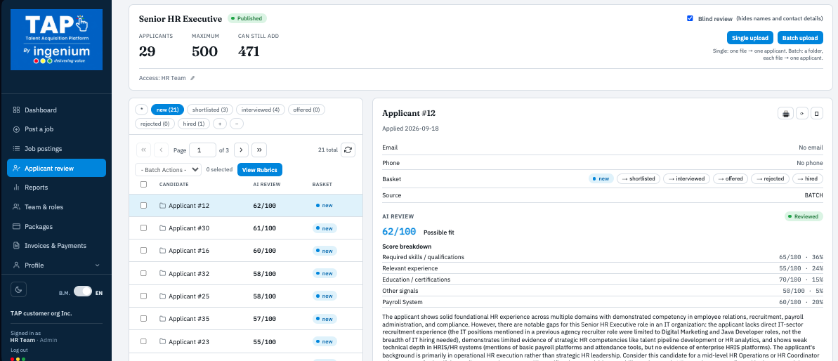 TAP applicant review screen with blind review switched on: candidates appear only as Applicant #12, #30, #16 and so on, auto-ranked by AI score, with a full score breakdown for the selected applicant