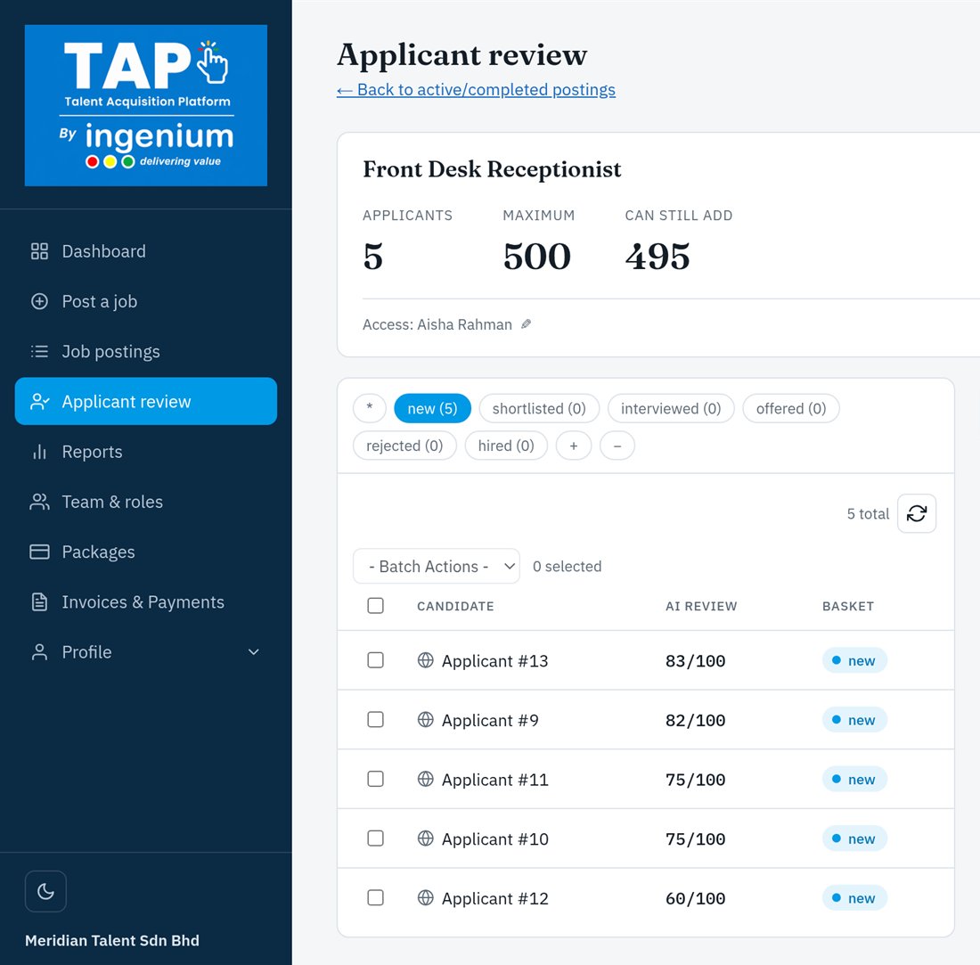 TAP applicant review with blind review on: candidates appear only as Applicant #13, #9, #11 and so on, with their AI review scores