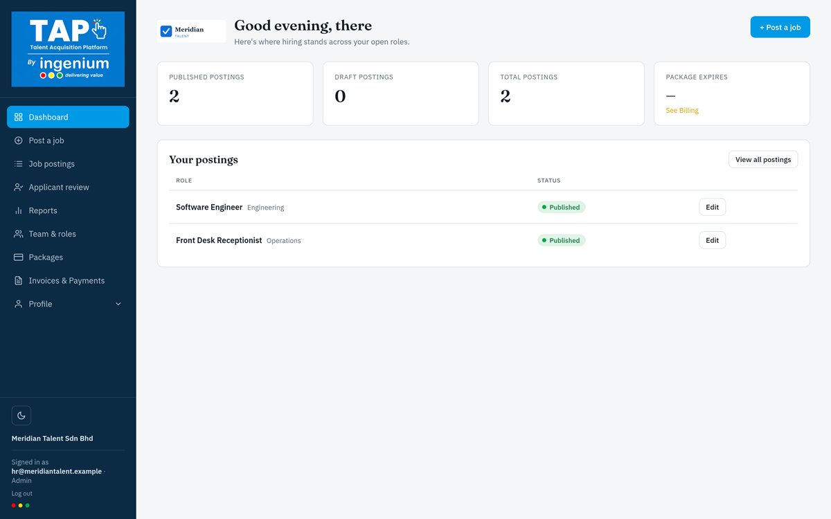 TAP applicant tracking system dashboard showing published job postings at a glance